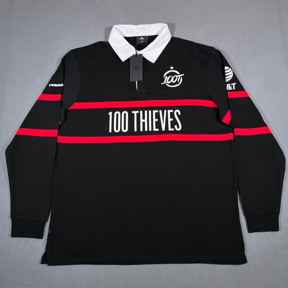 100 Thieves Rugby Polo Shirt Mens 2XL Long Sleeve Black Red White Gaming New - Picture 1 of 7
